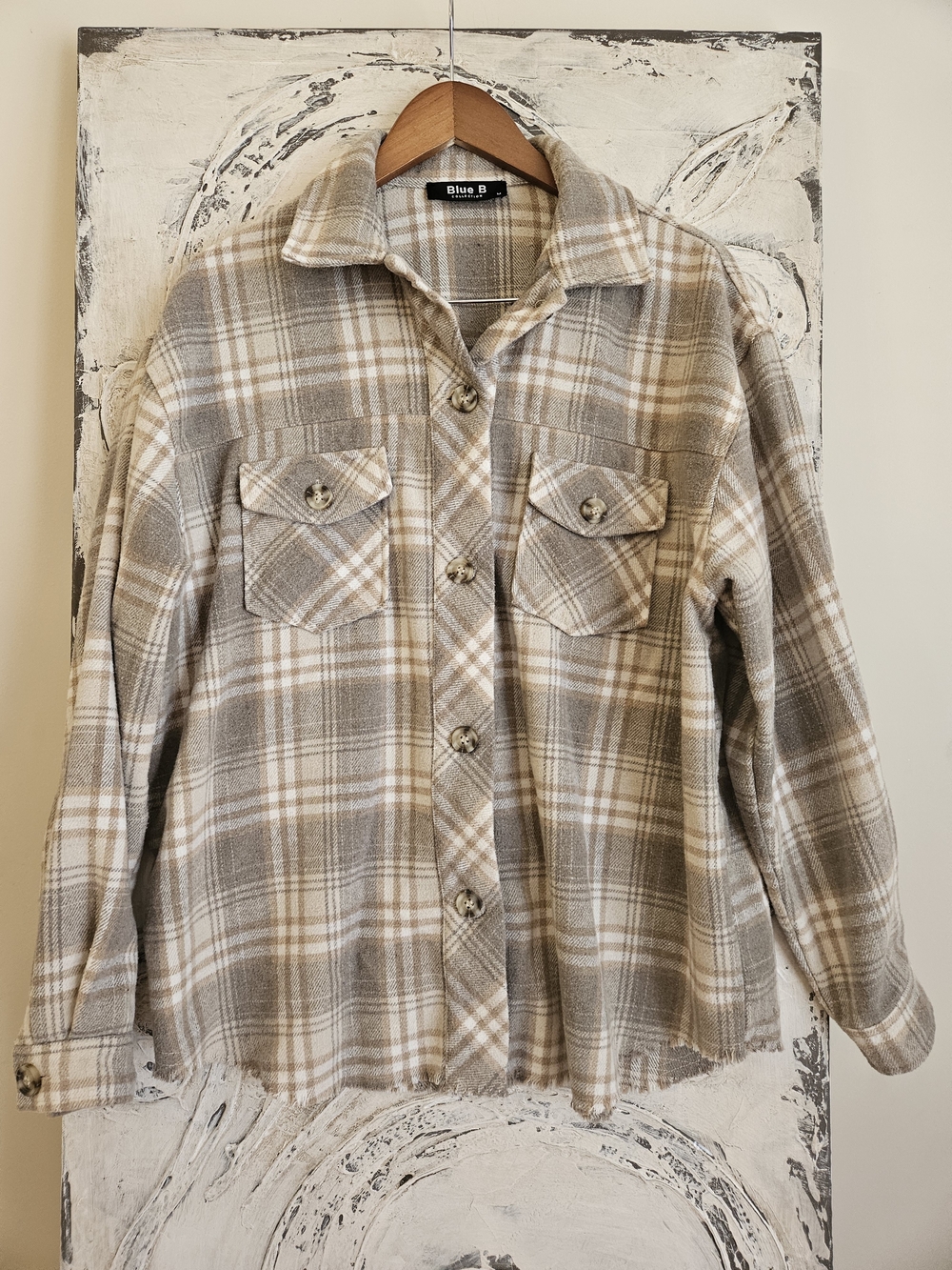 Blue B Plaid Utility Shacket in Beige